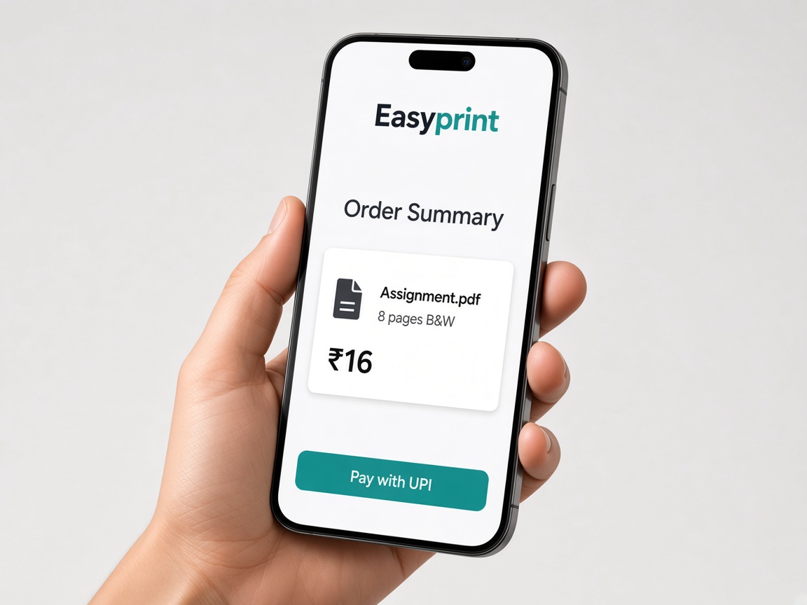 Phone showing EasyPprint UPI and card checkout